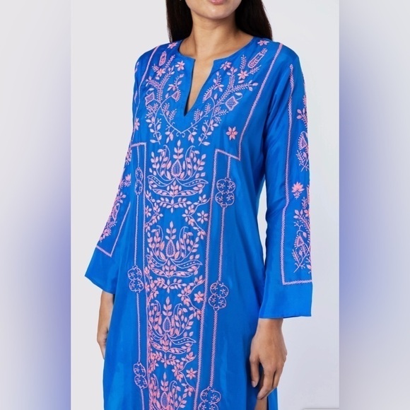 Juliet Dunn Blue Silk Maxi Kaftan with Contrast Embroidery NWT (not beach dress) - Picture 3 of 5